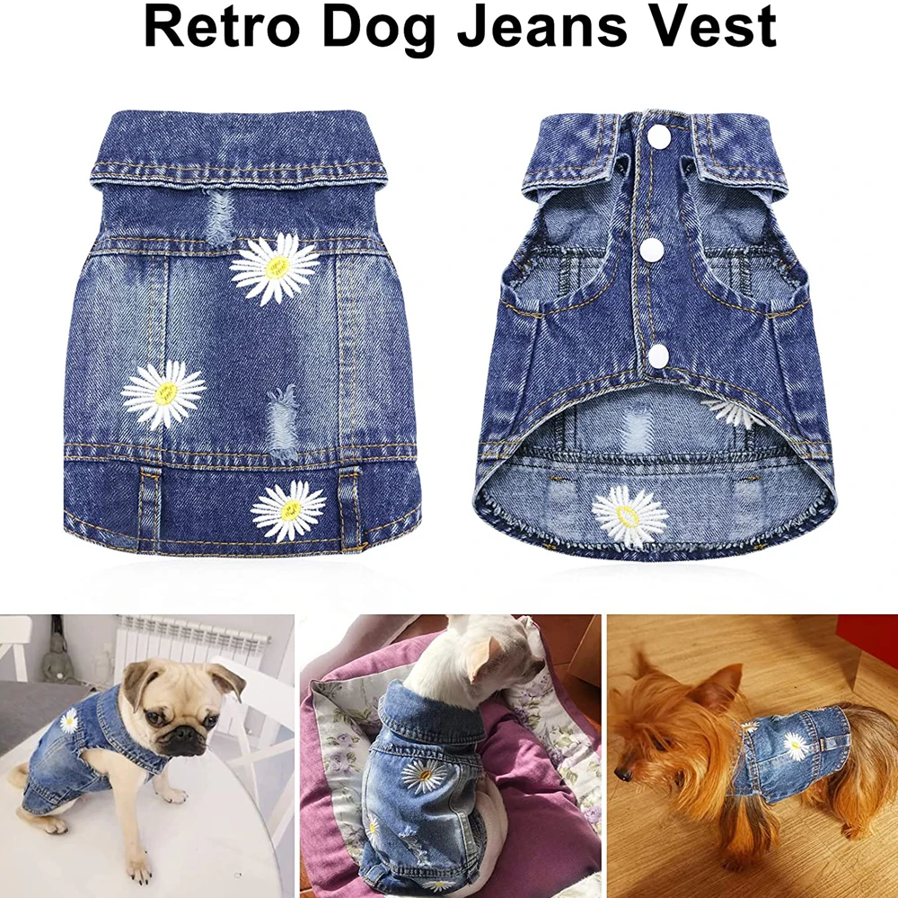 Daisy Embroidery Luxury Dog Clothes for Small Medium Dogs Vintage Washed Dog Jeans Jacket Pet Sleeveless Vest Denim Coat Outfits