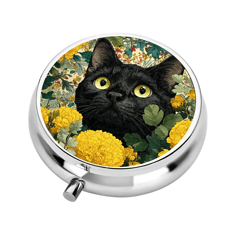 1 Medicine Box with 3 Compartments, Floral Black Cat Themed Mini Medicine Box, Medication Storage Box, Decorative Vitamin Storage Box, Suitable for or Near a Wallet