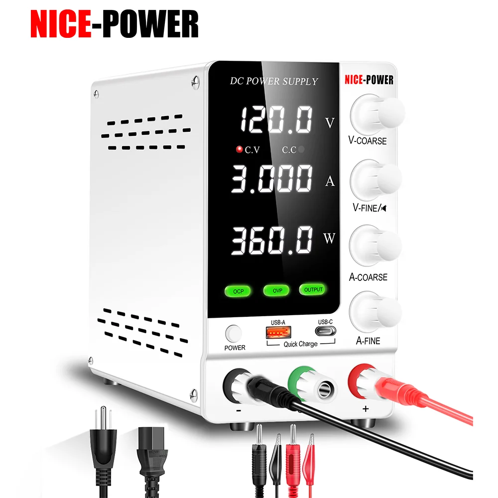 

Лабораторный источник питания постоянного тока NICE-POWER SPS-C1203S, 120В, 3А, 360Вт, с защитой от перегрузки по току (OCP) и напряжению (OVP), быстрая зарядка через USB/Type-C для электроники