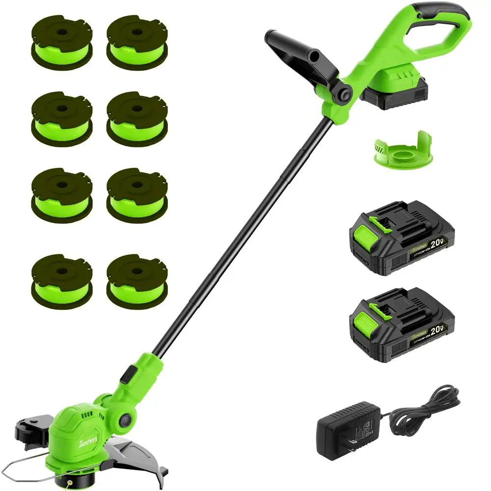 20V Cordless String Trimmer 2 X 2.0Ah Battery Lawn Edger Auto Line Feed Wheel Base Spacer Guard 90° Adjustable Head 180° Handle