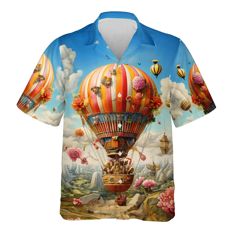 Colorful Hot Air Balloon Graphic Shirts For Men Casual Hawaii Female Fire Balloon Beach Shirt Short Sleeve Airball Male Blouses