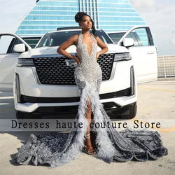 Silver Feather Halter Mermaid Prom Dresses 2026 Rhinestones Crystal Side Sli Evening Dresses Birthday Party Gown Customized
