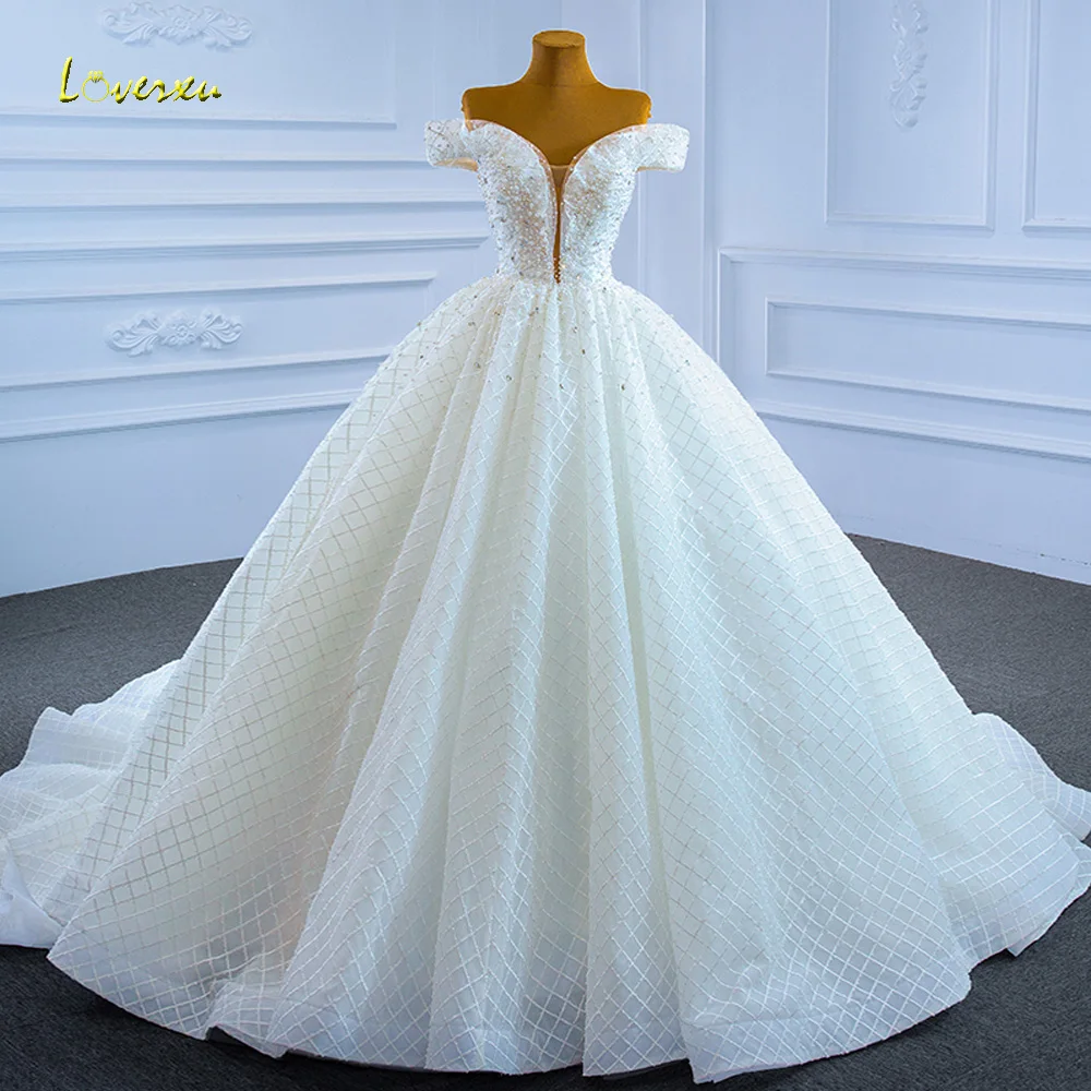 Loverxu-line suknie ślubne księżniczki Sweetheart Off The Shoulder Vestido De Novia koronkowa zroszony kryształowa suknia ślubna szyta na zamówienie