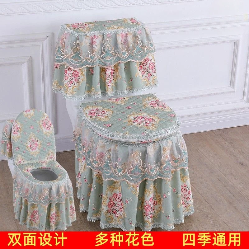 

3pcs European Jacquard Toilet Seat Mat Seasonal Universal Lace Toilet Cover Zipper Style Large Skirt Closestool Cover Cushion