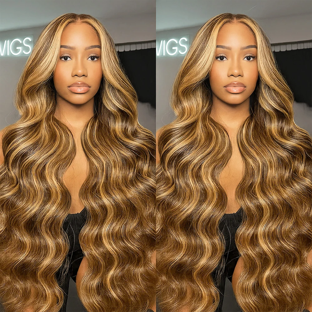 

Upgrade 4/27 Honey Blonde Highlight Body Wave 13X4 Lace Frontal Wig Transparent Blonde Ombre Lace Front Human Hair Wig For Women