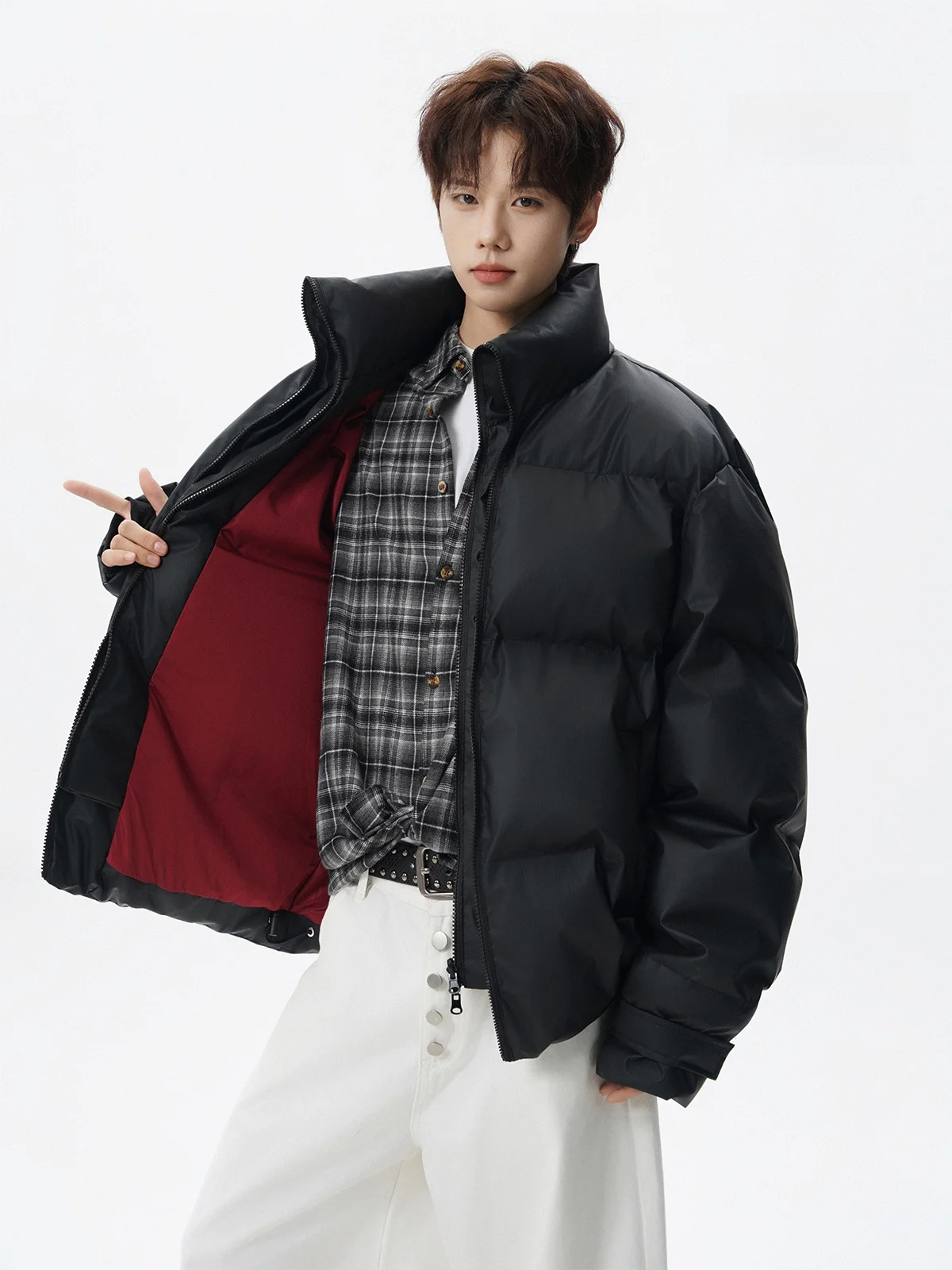 

Bla American Sle Fake Two-Piece Leather Cotton Jaet ex Winter Vintage Loose Warmth Bread Sle Faionable Coat