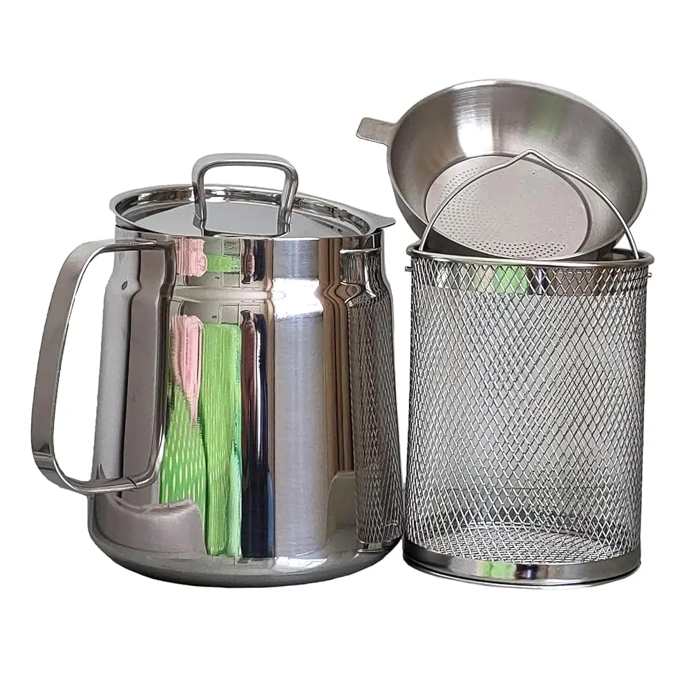 

2L/68oz 304 Stainless Steel Oil Filter Pot - Large Capacity Multifunctional Grease Container with Strainer & Frying Basket -