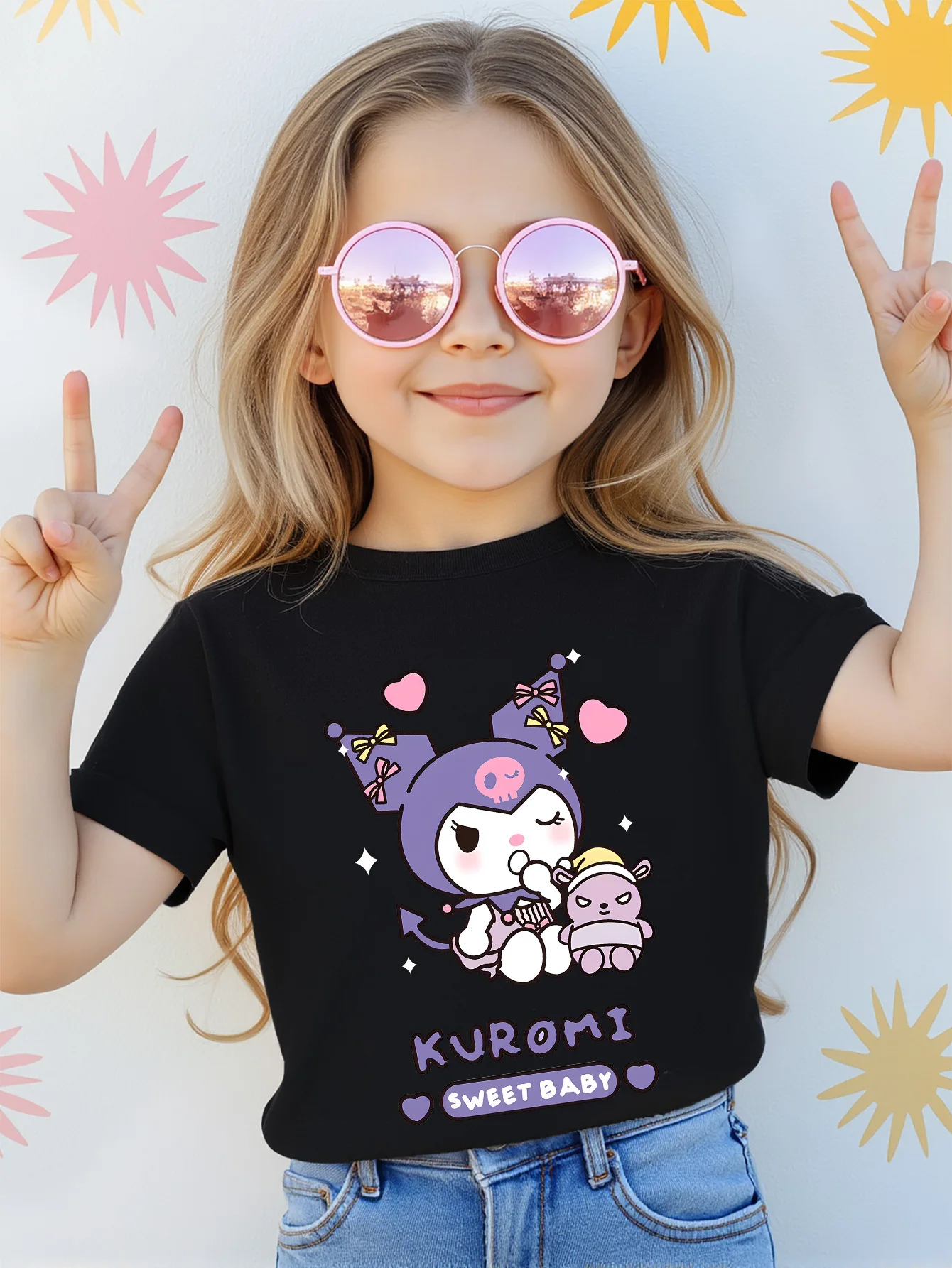 

Sanrio Kuromi Print Girls T-Shirt Short Sleeve Cotton Tees Cute Cartoon Kuromi Y2k Tops Boys and Girls T-shirt Children Clothes