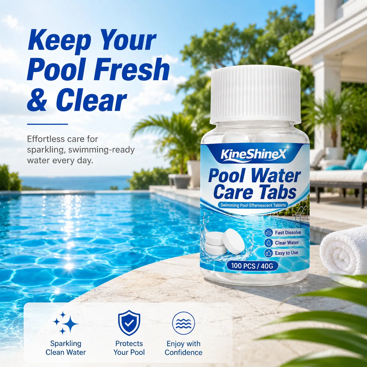 Fast-Acting Water Treatment Tablets, Pool Water Care Tabs 100PCS – Swimming Pool Effervescent,Fast Dissolve, Clear & Clean Water