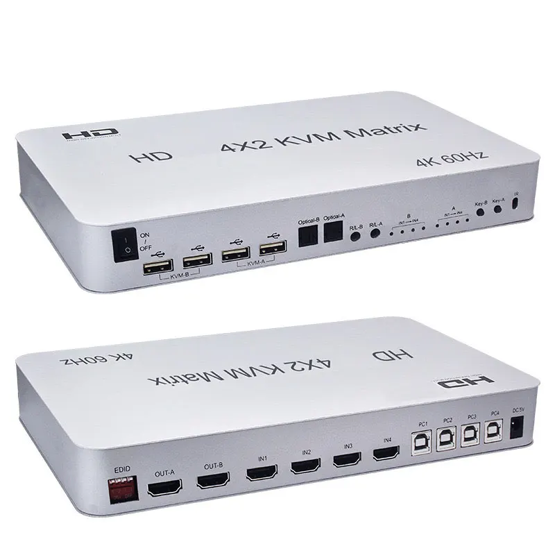 

4K 60 Гц KVM HDMI-совместимый матричный 4X2 4 входа 2 выхода 4-портовый двойной монитор-переключатель для USB-флеш-накопителя принтера HDTV с клавиатурой