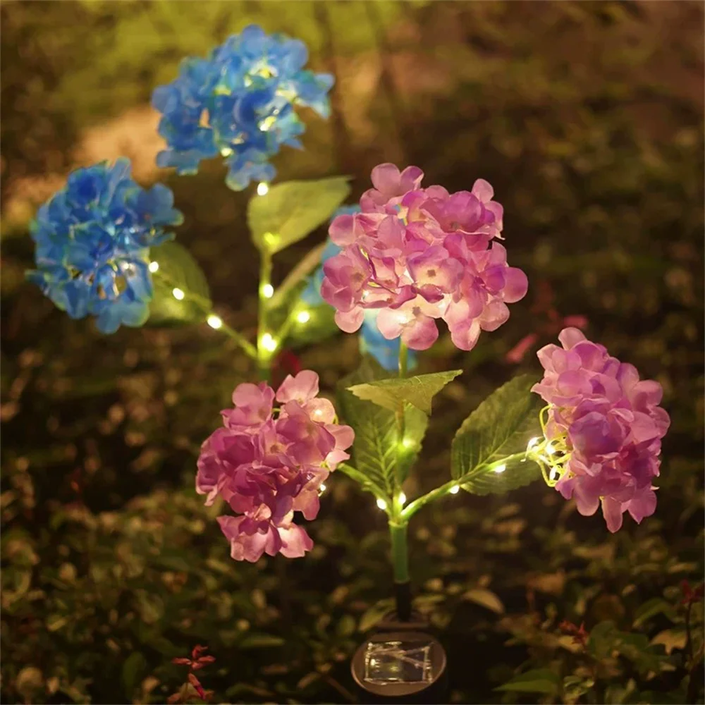 

Уличный солнечный светильник с 3 искусственными гортензиями для газона, сада, летних свадеб, вечеринок, праздников, патио, двора, декоративное освещение