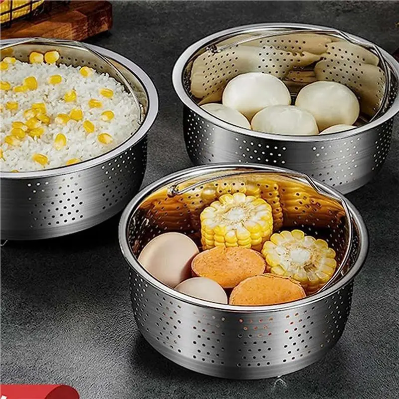 SEWS-2X Stainless Steel Steamer Basket Metal Steamer Insert Steaming Rack Vegetables Fruit Colander Strainer With Handle