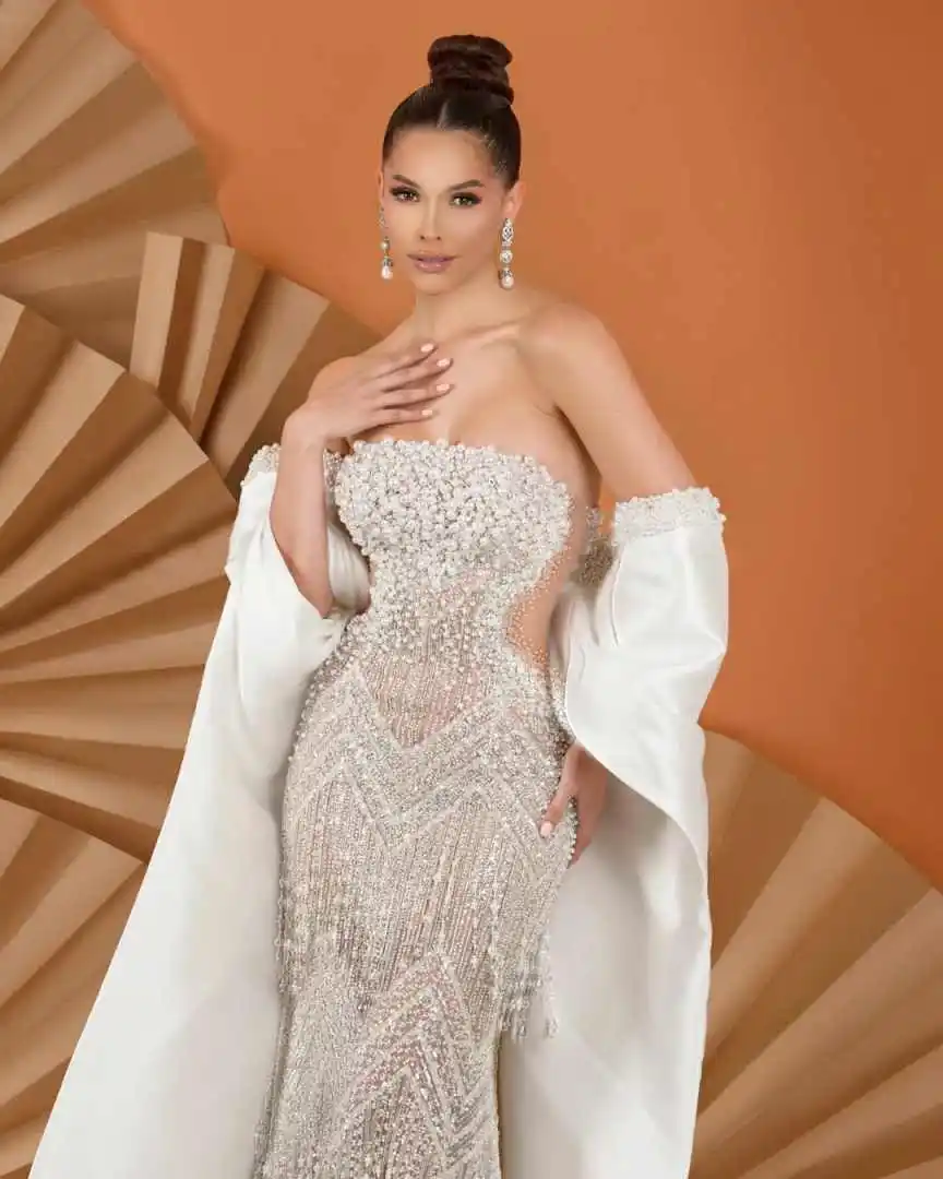 Vestido de novia elegante sin tirantes, vestido de novia con cuentas de perlas a la moda y borlas envolventes, vestidos de novia personalizados