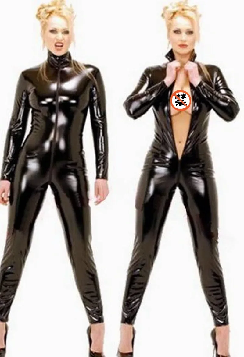 

Sexy Wetlook Black Cat Jumpsuit PVC Spandex Latex Catsuit Costumes For Women Body Suits Fetish Leather Clothe