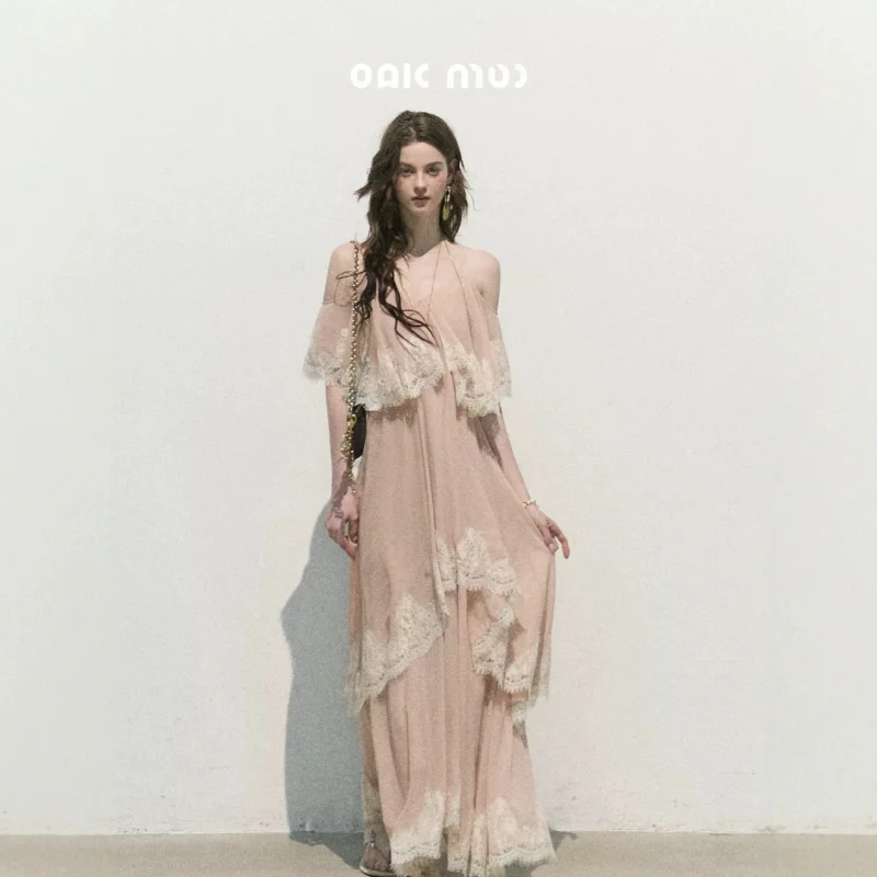 

Lace Trim Off Shoulder Halter Chiffon Dress Women V Neck Sleeveless Slim Fit Fairy Dress Summer Beach Vacation Casual Outfit