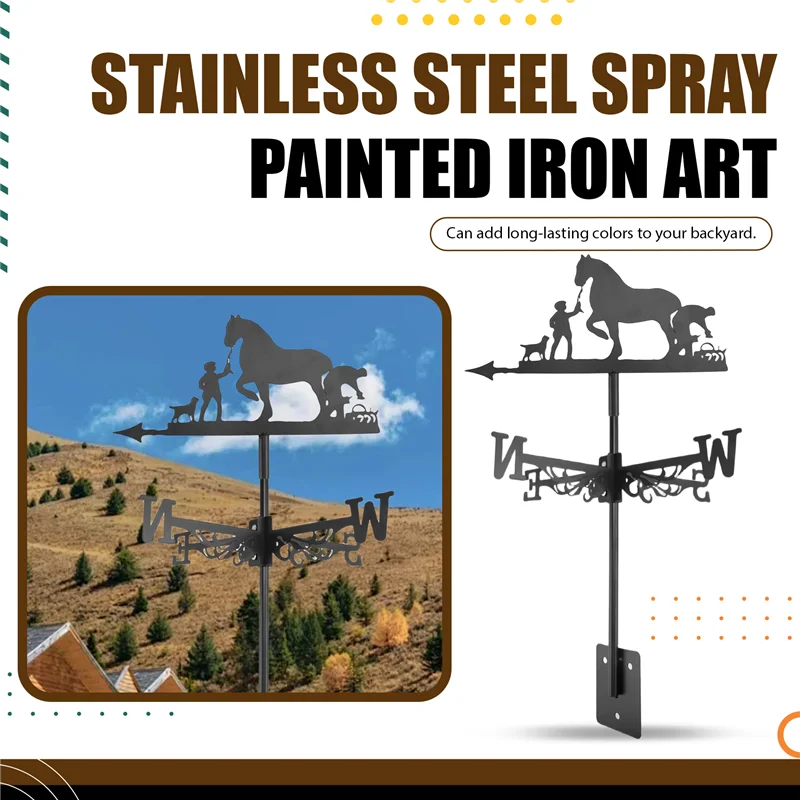 A76K Metal Weathervane Farmer And Horse Mount Weather Vane Wind Direction Indicator
