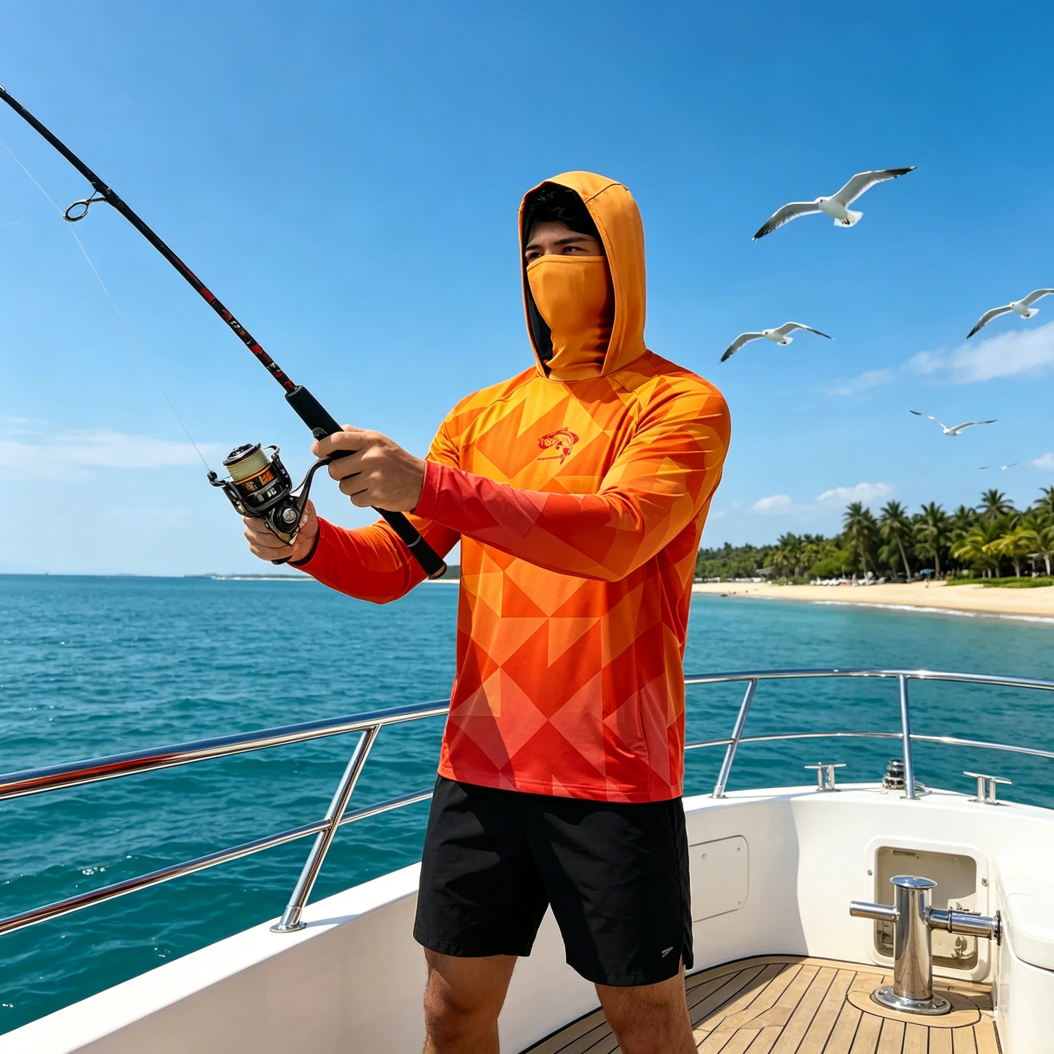 UPF50+ Sun Protection Long Sleeve Fishing Hoodies Face Cover Orange Quick Dry Anti UV Fishing Shirts Men Outdoor Fishing Hiking