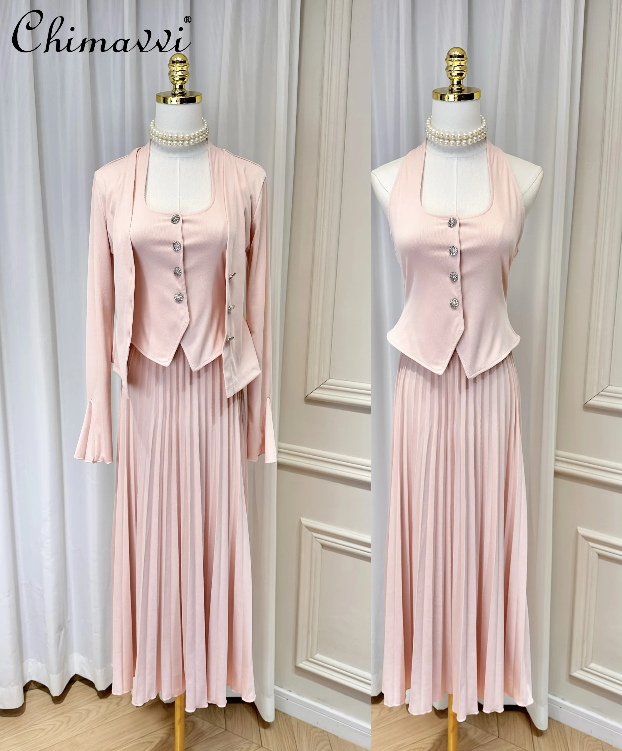 

French Elegance Halter Rhinestone Buckle Vest Top Flared Sleeve Cardigan Elastic Waist Pleated Long Skirt Three Piece Sets Women