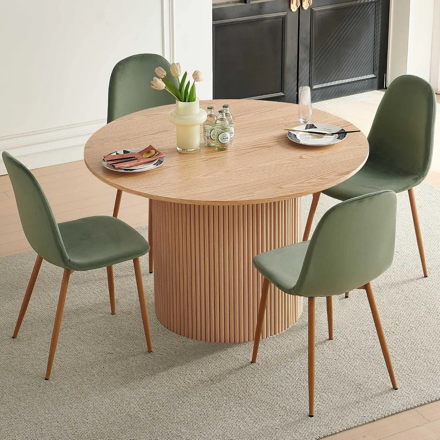 Mid Century Modern 47 Inch Wooden Round Dining Table Set for 4, Space Saving with Green Chairs, Customized