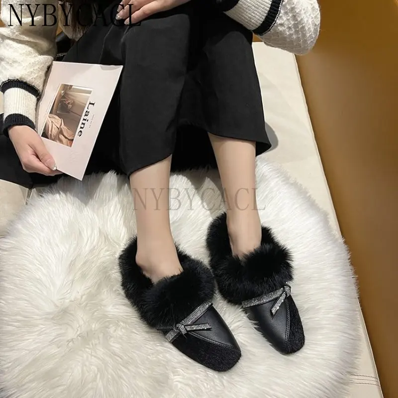 Winter Patchwork square toe fur shoes women fluffy plush flats add cashmere moccasins retro warm rabbit fur loafers woman 2023