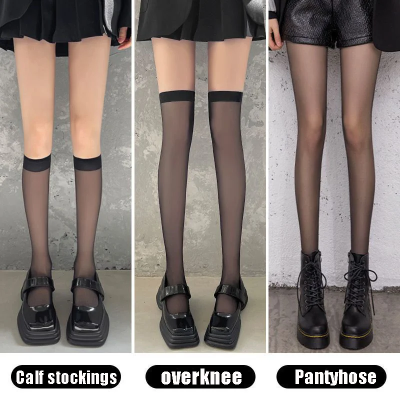 Summer Ultrathin Women's Silk Socks Medium Sleeve Calf Black Translucent Stockings Korean JK Girls Fashion Sexy Tight Sox Simple