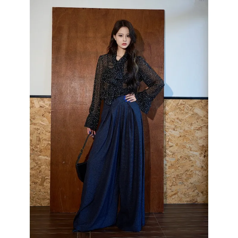 Modische, hohe, bodenlange Freizeithose mit weitem Bein für Damen mit verstellbarem Taillenumfang und lockerer Temperamenthose