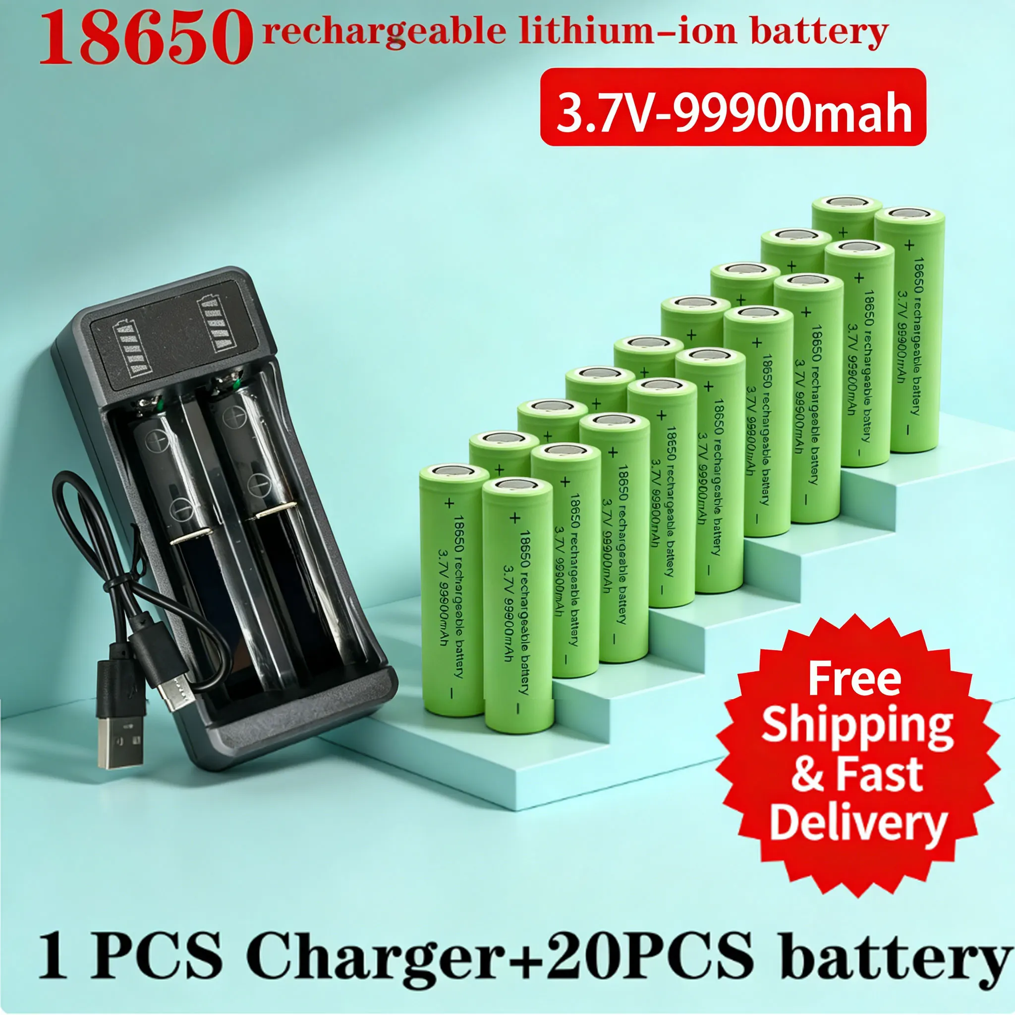 

100% Original 18650 Rechargeable Battery 99900mAh 3.7V Li-ion Battery with Charger for Flashlights & Toys