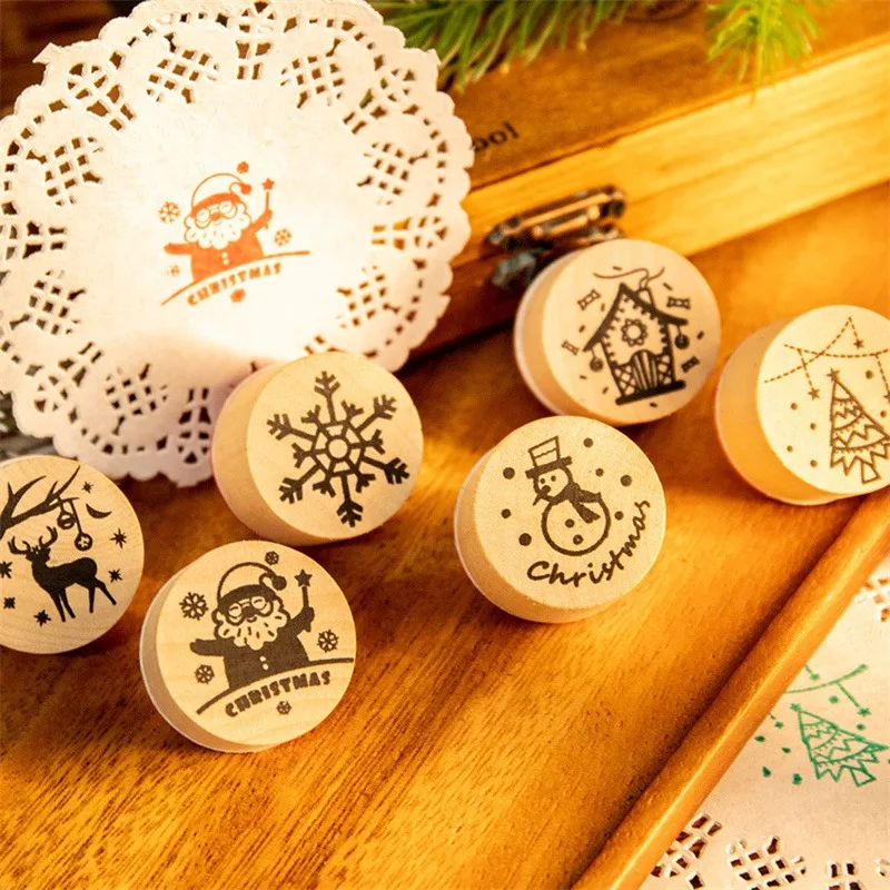 

6pcs Wood Rubber Stamps Thank You Round Wooden Stamp DIY Craft Scrapbooking Stamping Birthday Party Wedding Christmas Decoration