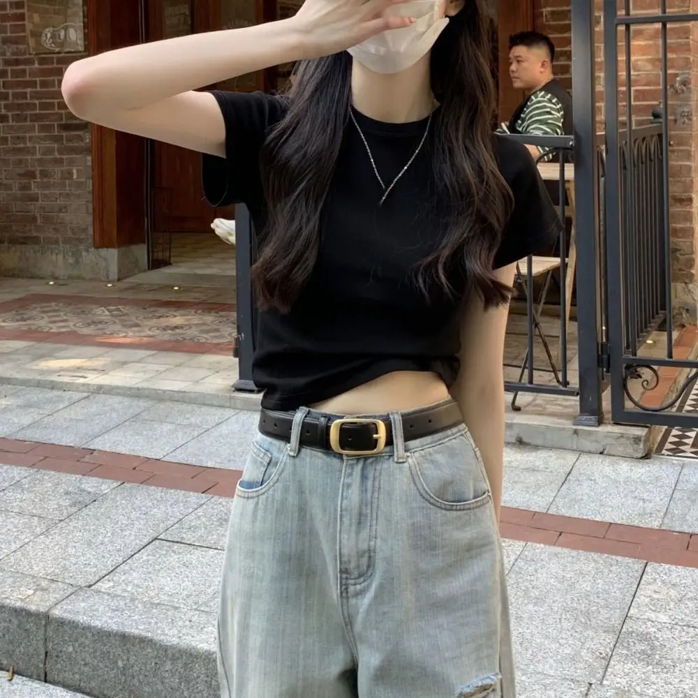 

Cute Solid Color Short Sleeve T-shirt Chic Slim Fit Y2K Crop Top Sweet Korean Style Tees Shirts Women Summer