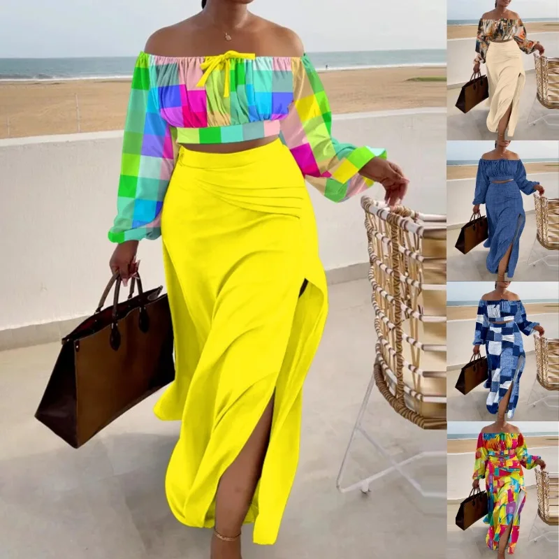 

2025 Autumn European and American Women's Clothing One-word Shoulder Top Dress Two-piece Set