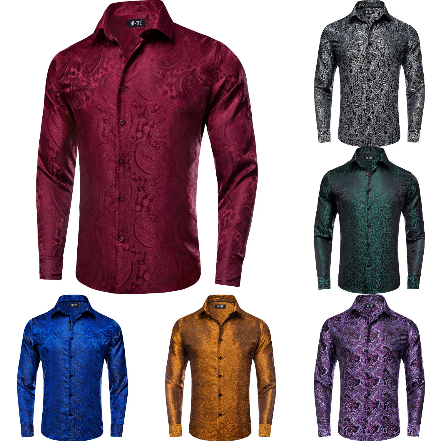 

Hi-Tie Burgundy Red Men's Silk Shirts Paisley Lapel Long Sleeve Casual Shirts For Men Jacquard Male Business Party Wedding Gifts