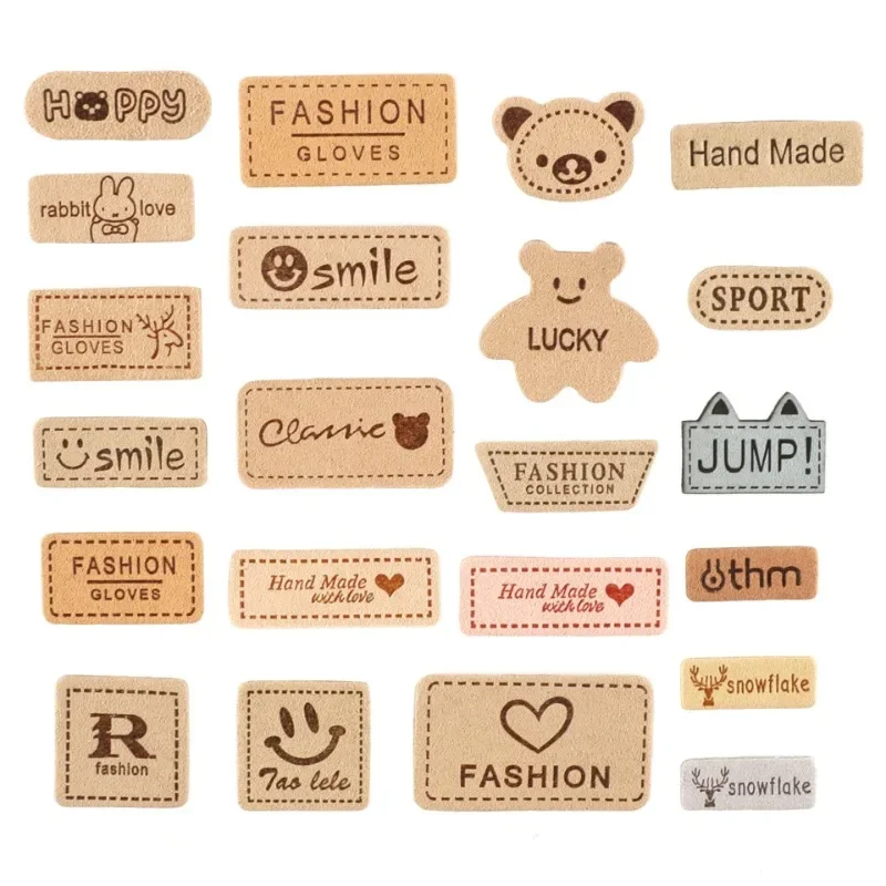 

200pcs/Lot Sew-on Small Print Label Embroidery Patch Leather Animal Bear Flower Letter Badge Jeans Clothing Decoration Accessory