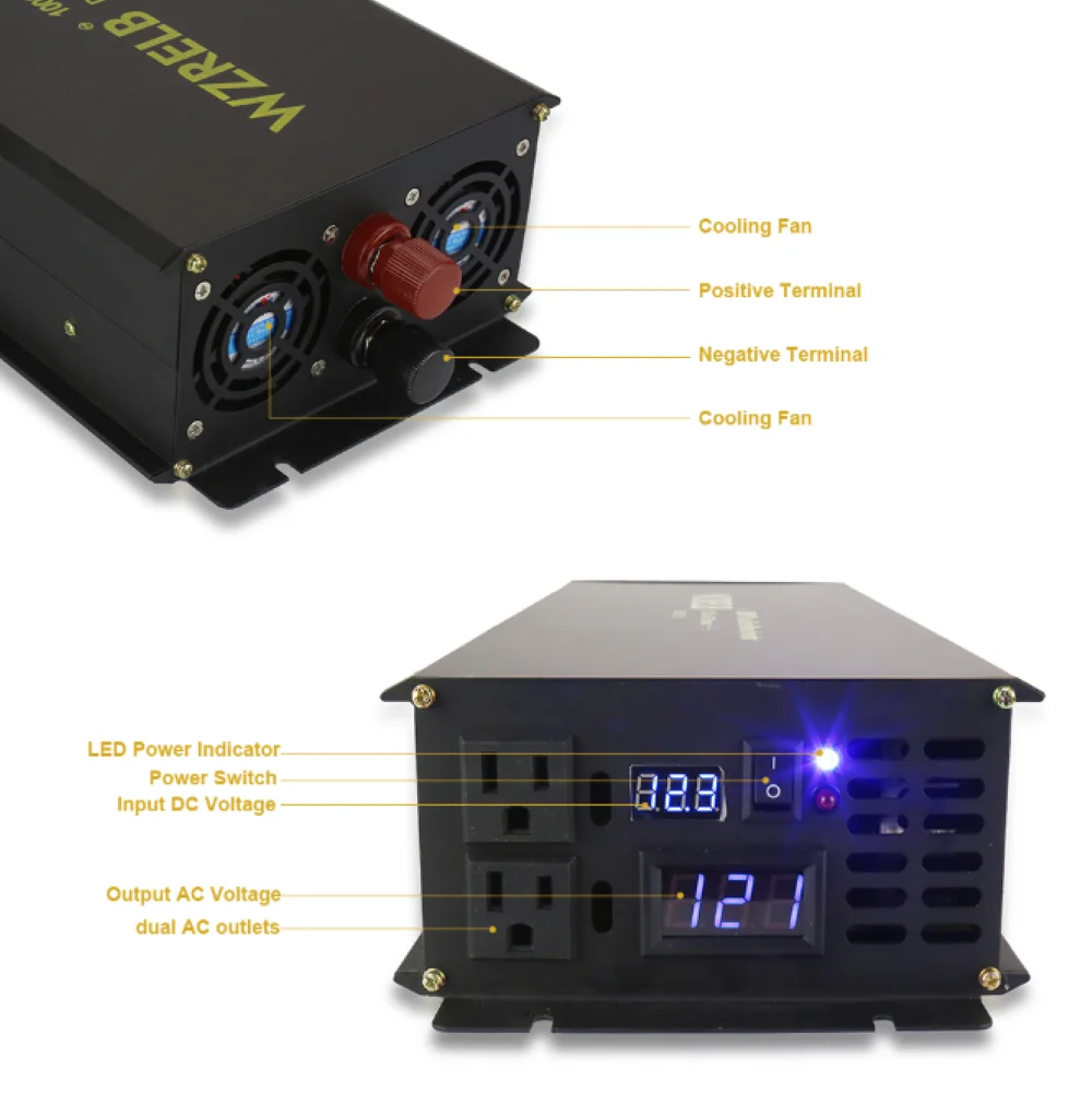 1000W Pure Sine Wave Inverter 24V 220V Solar Generator Battery DC to AC Converter Off Grid 12V/48V to 120V/240V Home Appliances