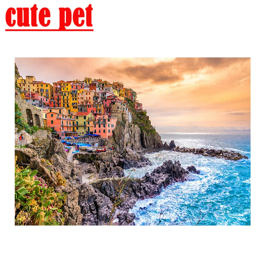 

Italia Cinque Terre full diamond cross-stitch diamond painting living room decoration diamond embroidery European architecture (