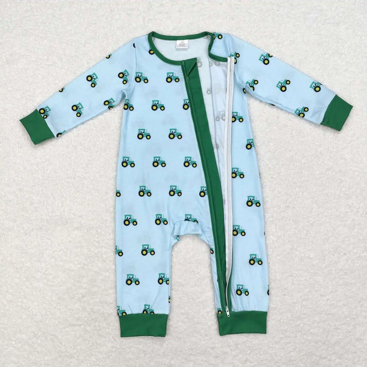 

RTS infant boys bamboo rompers wholesale boutique autumn and winter baby boys tractor green zipper romper