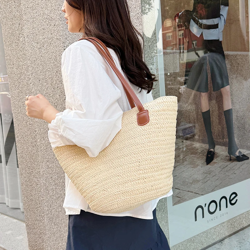 

Japanese Minimalist Women Shoulder bag Solid Fine Woven Straw Handbag Large Capacity Breathable Multi Purpose Tote Bag