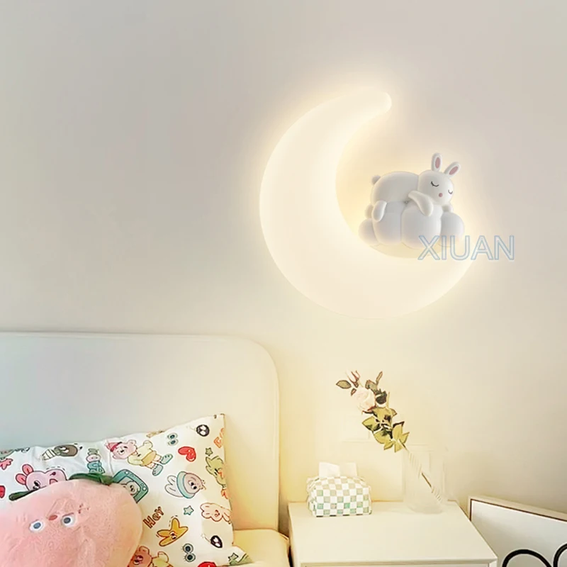 

Romantic Curved Moon Wall Lamp For Kids Baby Girl Boy Nursery Room Lighting White Bear Rabbit Wall Light Bedroom Bedside Lights