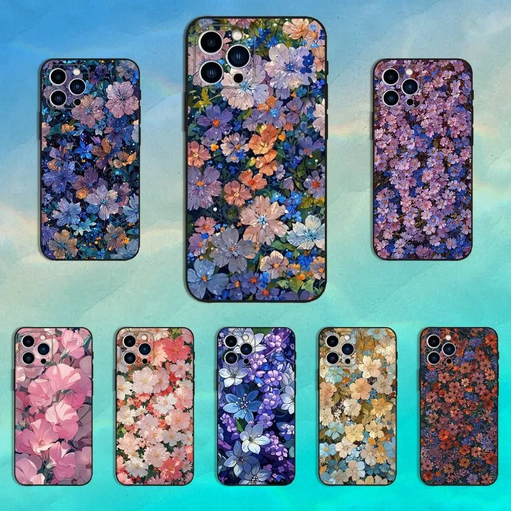 

Artistic Flower Painting Phone Case For iPhone 16,15,14,13,12,11 Plus,Pro Max,XS,X,XR,SE,Mini,8,7,Soft Silicone Black Cover