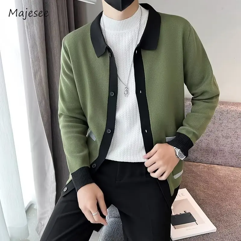 

Autumn Cardigan Men Contrast Color Daily Handsome Patchwork Lounge Wear Knitting Streetwear Japanese Style Classic Clothing Chic