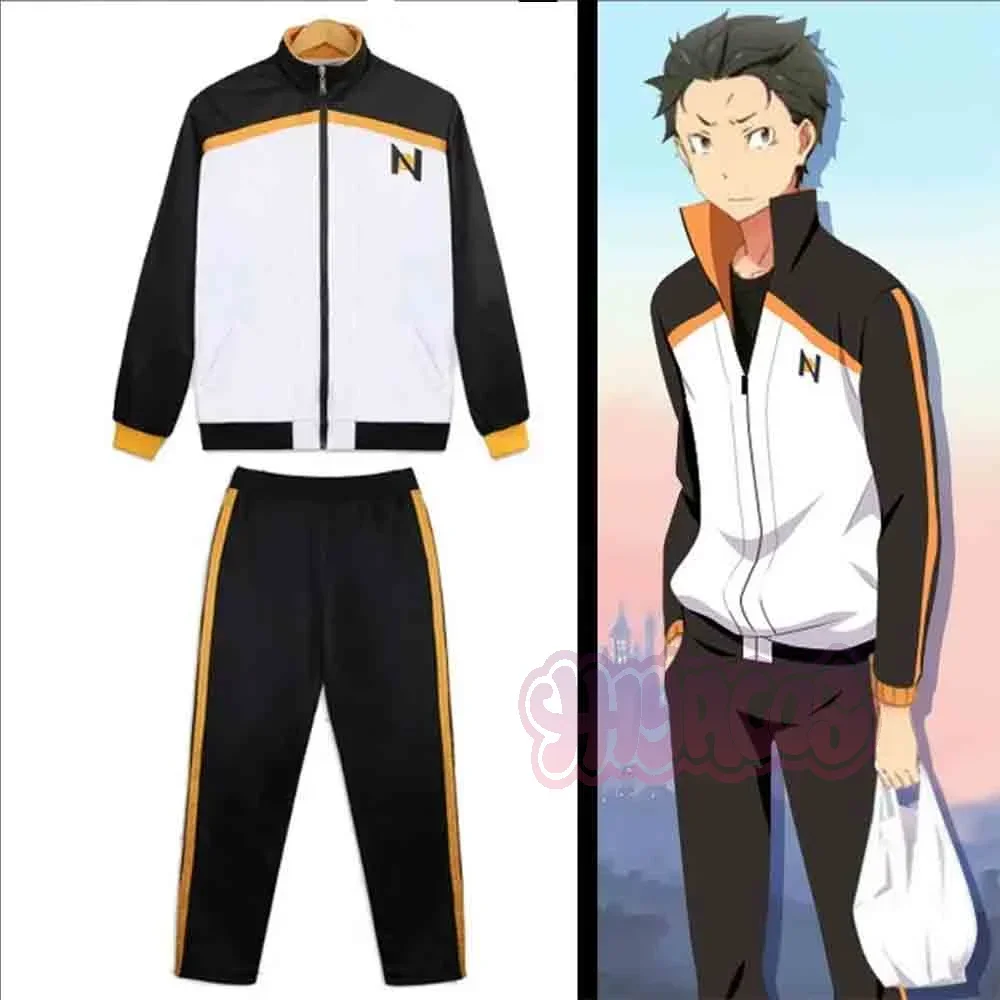Disfraz de cosplay de Anime Subaru Natsuki, uniforme escolar, traje deportivo negro y blanco, chaqueta y pantalones, en stock