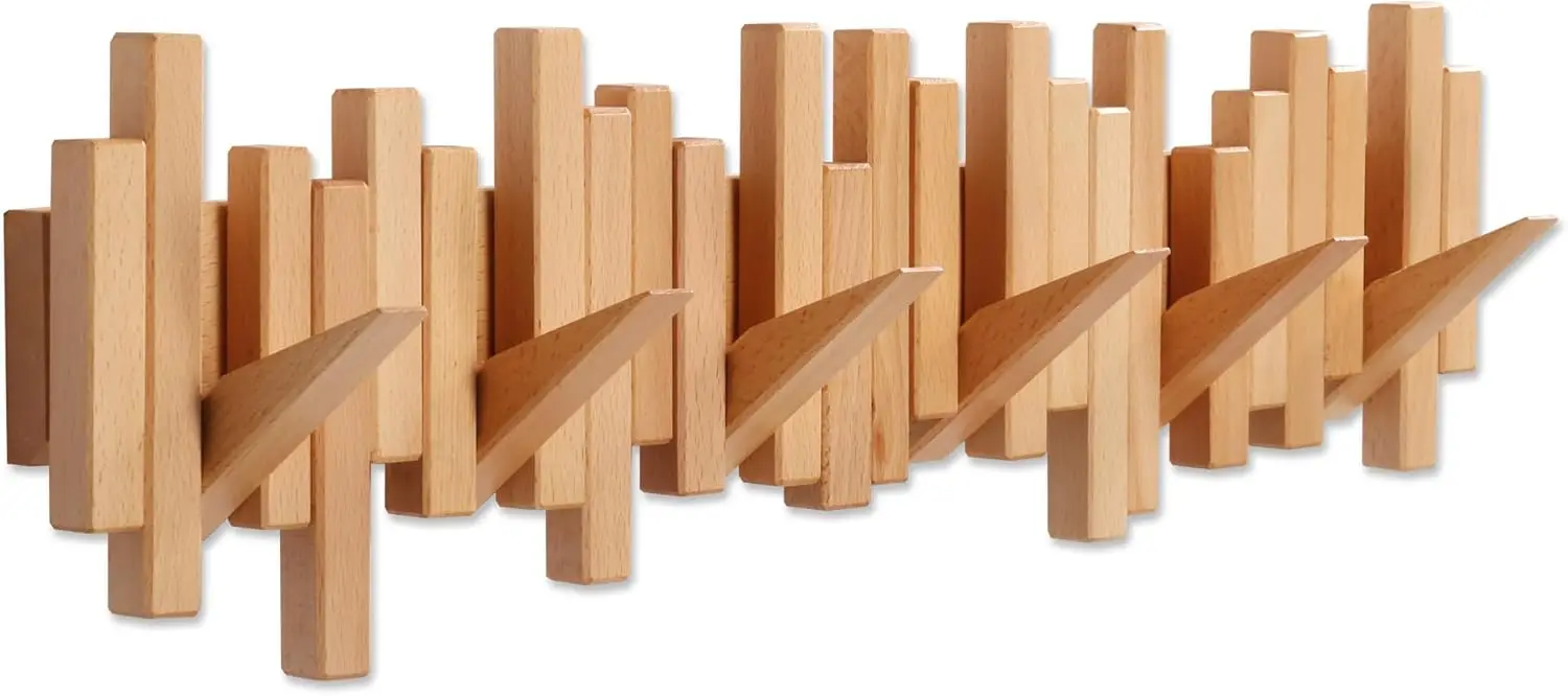 

Wall Mounted Wooden Coat Rack with 6 Flip-Down Hooks, Solid Natural Beech Wood for Coats, Bags, Hats