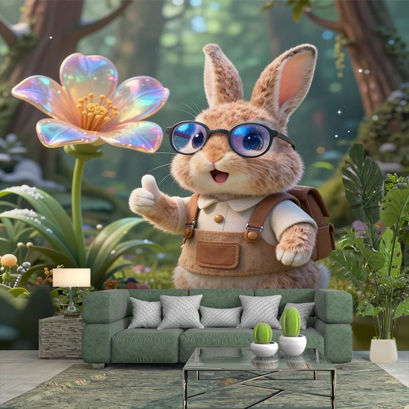 1PC Cartoon Bunny Glasses Magic Flower Print Backdrop Banner, Bedroom Living Room Photo Background, Polyester, Home Decor, Wall