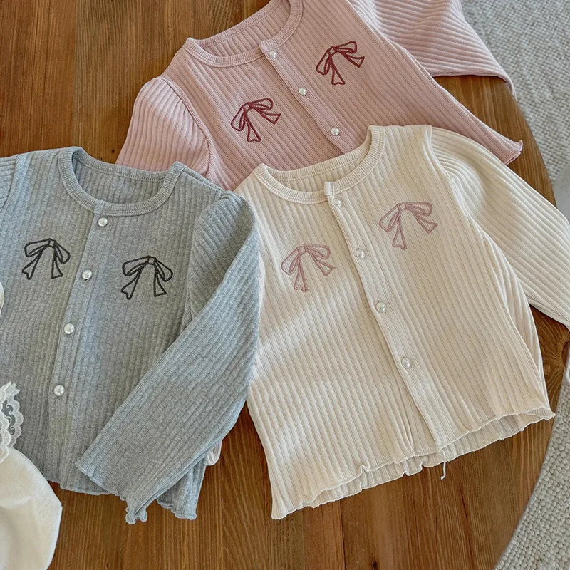 

Girls' Bowknot Sweater Coat Children's Baby Spring and Autumn New Sweet Lace Sleeve Knitted Cardigan