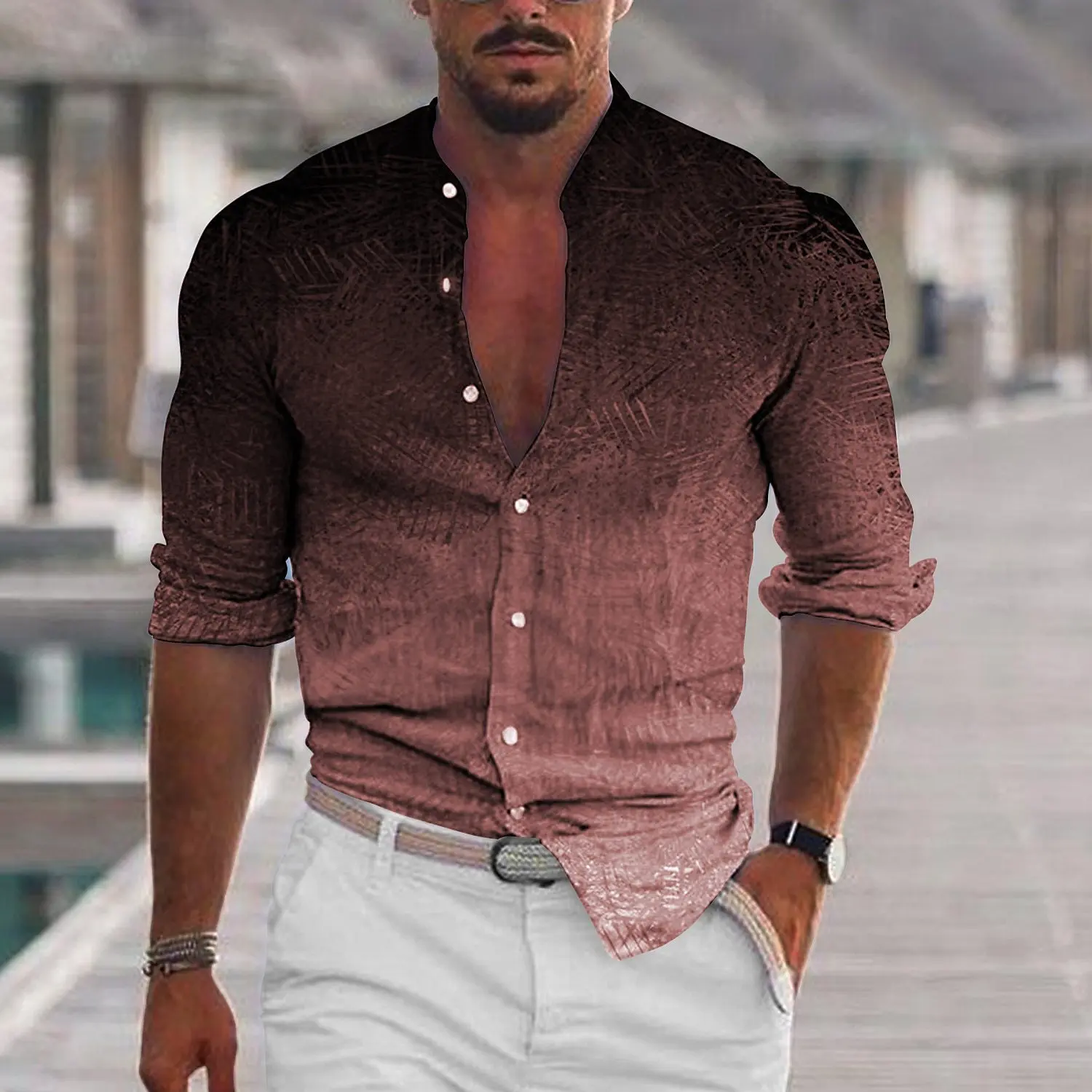 2024  Summer  New  Men's  stand  Collar Gradual  Casual  Fashion  Breathable  Shirt