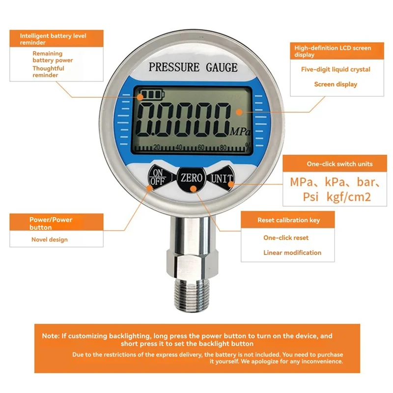 AC23-G1/4 موضوع الغاز المياه النفط الهواء الوقود قياس الضغط 100 مللي متر الطلب 0-60Mpa شعاعي شاشة الكريستال السائل قياس الضغط