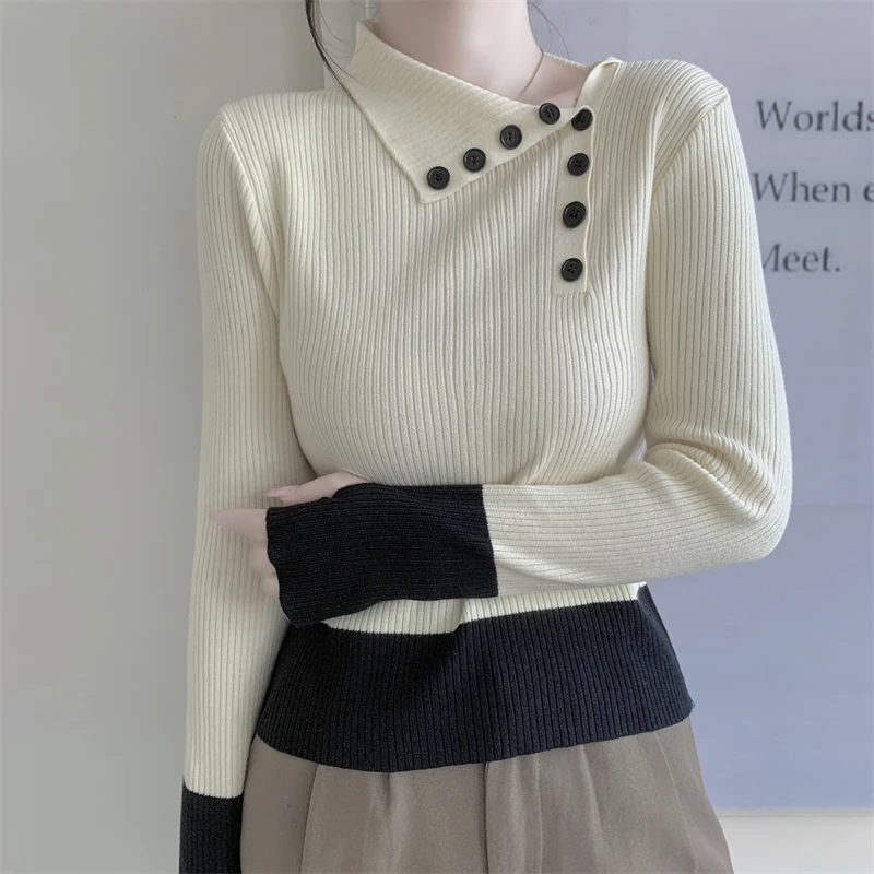 

2025 Autumn Winter Design Sensation Slim Fit Color Blo Knitted Sweater for Women Long Sve Finger Flip Collar Top
