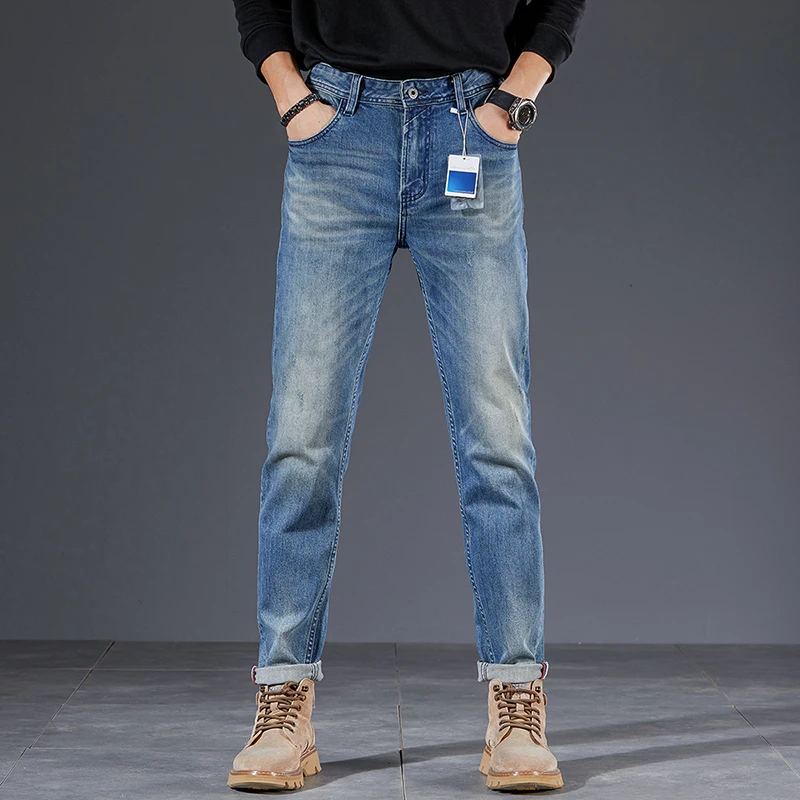 Luxury Jeans For Men Stretch Slim Fit Solid Blue Denim Pants Eurupe And American Style High Quality Trousers Man Cowboys Hombre