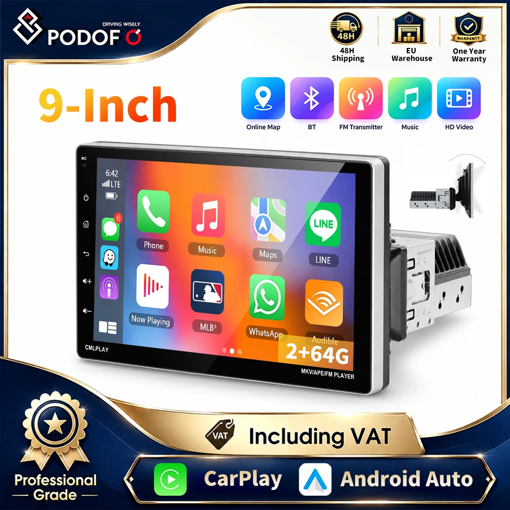 Podofo, lettore multimediale per auto con sistema Android, schermo in vetro temperato 2.5D, navigazione GPS, WiFi, Bluetooth, radio FM RDS, CarPlay wireless, Android Auto, Mirror Link, autoradio.