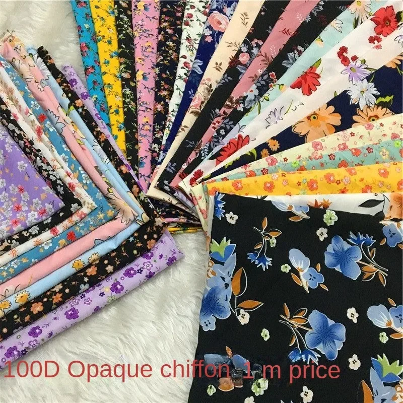 100D Two Sides Stretch Chiffon Fabric Printed By The Meter for Clothes Hairbands Dresses Shirts Sewing Cloth Summer Flower Black