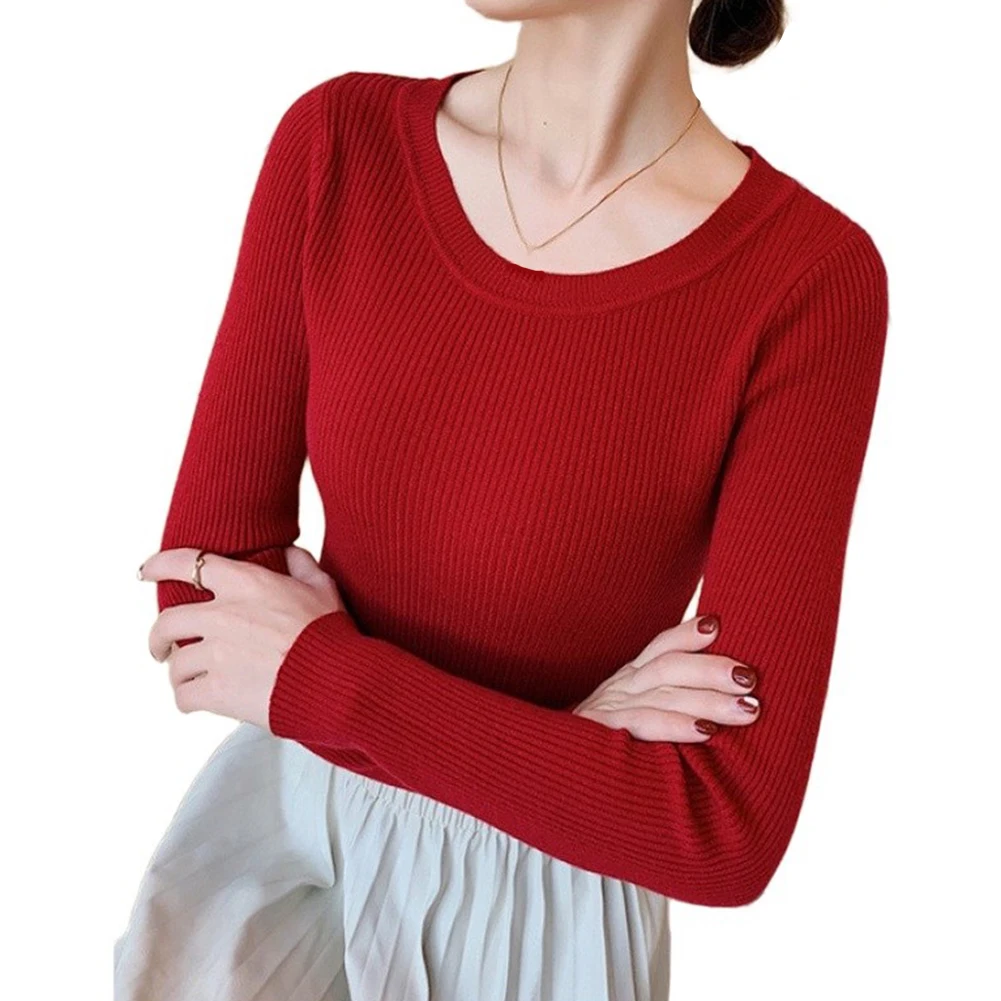 For Daily Casual Wear Womens Sweaters Basic Solid Jumpers 30 Polyester 70 Spandex O-neck Design Long Sleeve Style